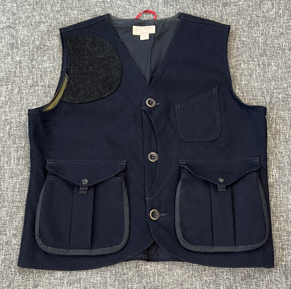 Filson Guide Vest Men's XL Navy Blue Wool Cotton Pockets Shooting Patch Hunting